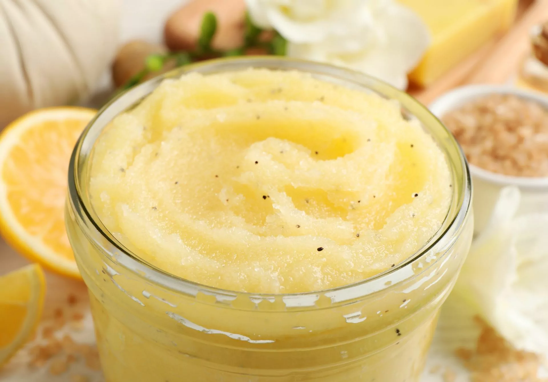 Granulated sugar, olive oil and lemon scrub