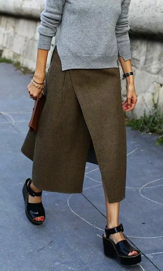 grey-sweater-and-olive-wool-wrap-skirt