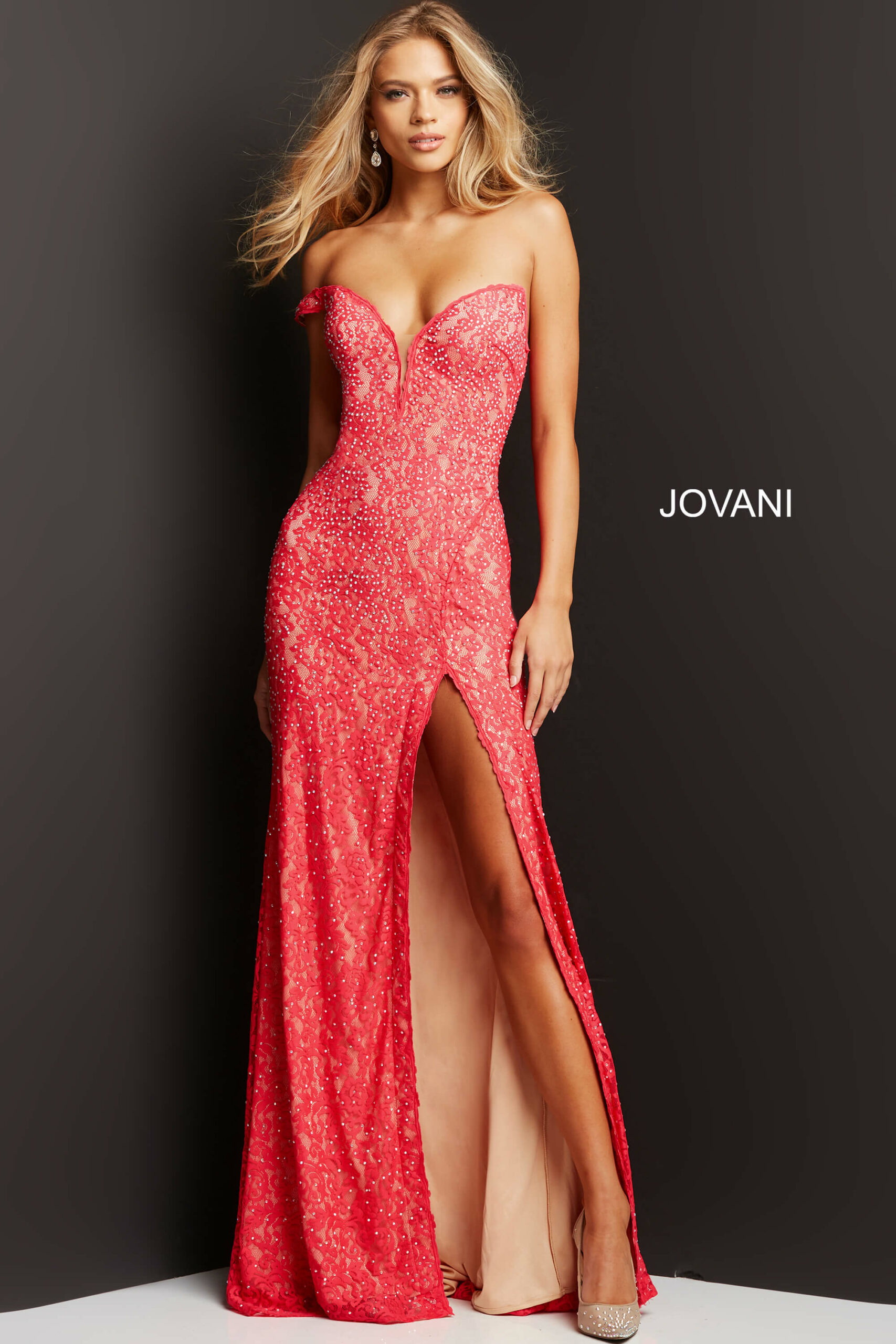 Watermelon Embellished High Slit Prom Gown