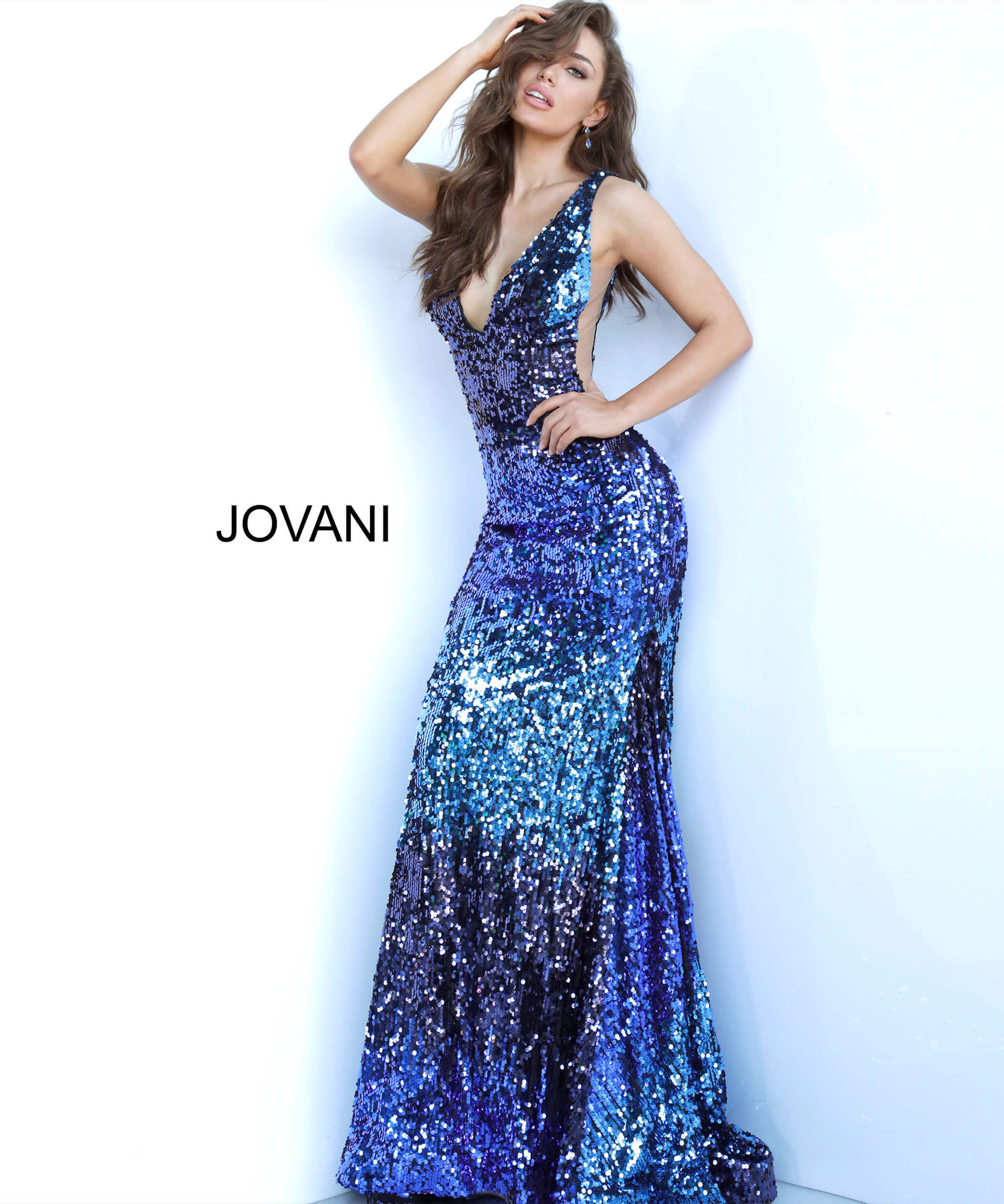 Blue Multi Sequin Plunging V Neck Jovani Dress